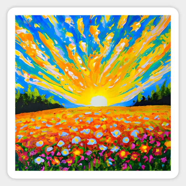 Fantasy cartoon Wildflowers Sunset Sticker by druidwolfart